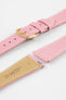 Close-up product image of a pink textured leather watch strap with white contrast stitching, displayed on a white background, featuring a polished rose gold-tone pin buckle and two keepers, alongside separate strap sections with exposed spring bars and a beige underside stamped “HIRSCH Bologna 20.”