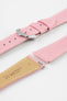 Close-up product image of a pink textured leather watch strap with white contrast stitching, displayed on a white background, featuring a polished silver-tone pin buckle and two keepers, alongside separate strap sections with exposed spring bars and a beige underside stamped “HIRSCH Bologna 20.”