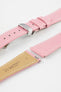 Close-up product image of a pink textured leather watch strap with white contrast stitching, displayed against a white background, featuring a polished silver-tone folding clasp and two keepers, alongside separate strap sections with exposed spring bars and a beige underside stamped “HIRSCH Bologna 20.”
