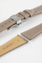 Taupe leather watch strap with a stainless steel deployant clasp, shown with a beige leather underside and white contrast stitching.