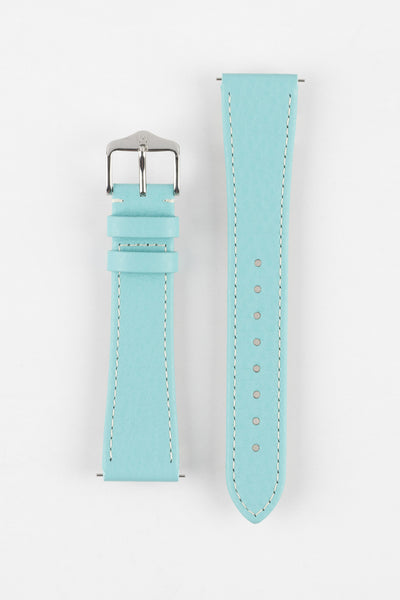 Product shot of a light turquoise-blue textured leather watch strap displayed against a white background, showing both sections separately: one with a polished silver-tone pin buckle and two keepers, and the other with a pointed tip and multiple adjustment holes, highlighting the white contrast stitching and fine grain texture.