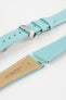 Close-up product image of a light turquoise-blue textured leather watch strap with white contrast stitching, displayed against a white background, featuring a polished silver-tone folding clasp and two keepers, alongside separate strap sections with exposed spring bars and a beige underside stamped with partial text “20 HIRSCH Bologna.”