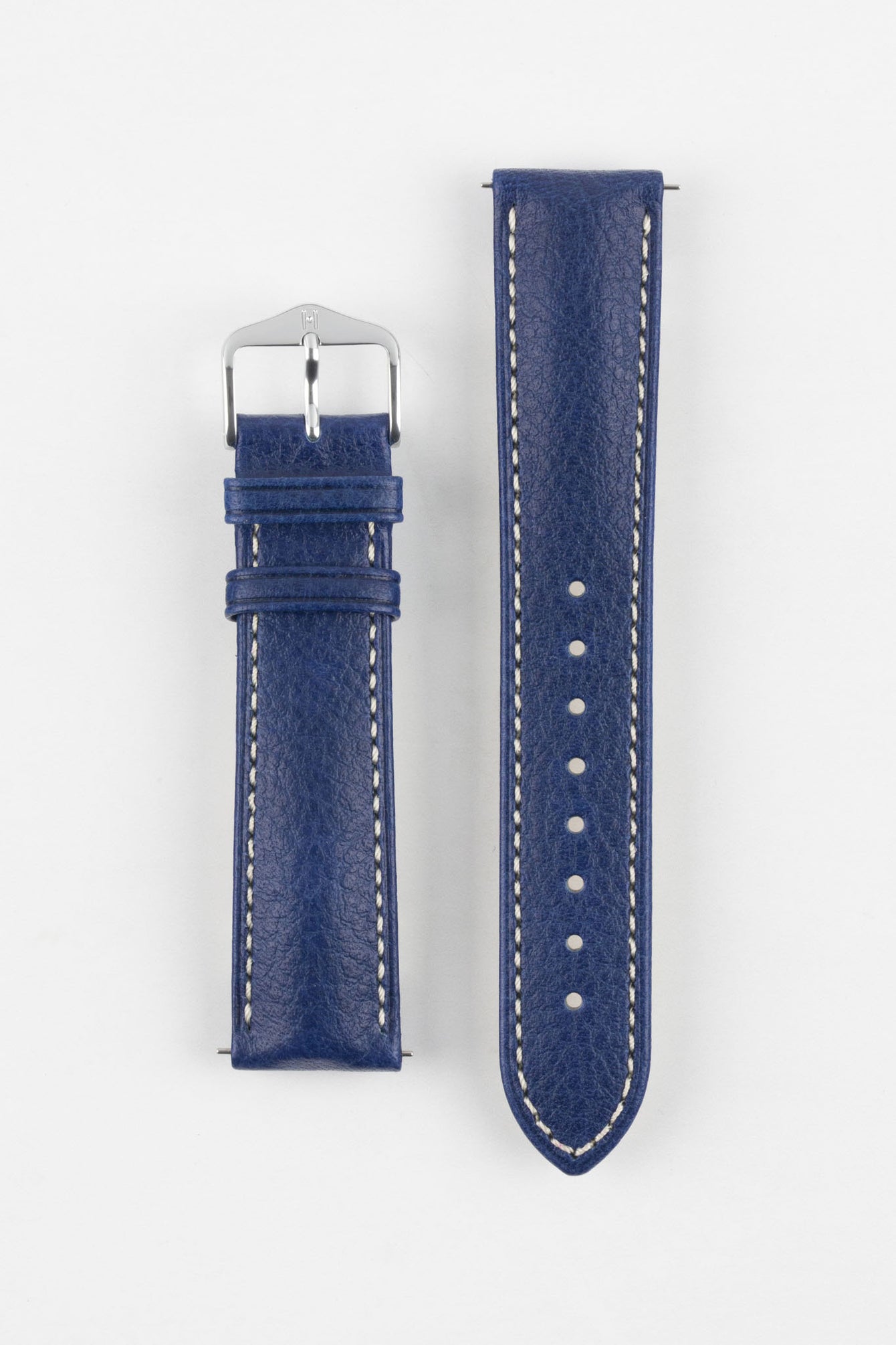 Full product image of the Hirsch Boston style Blue genuine buffalo leather watch strap on a neutral background. Shop now.