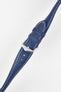 Angled product shot of the Hirsch Boston Blue leather watch strap with its silver buckle and keeper loops.