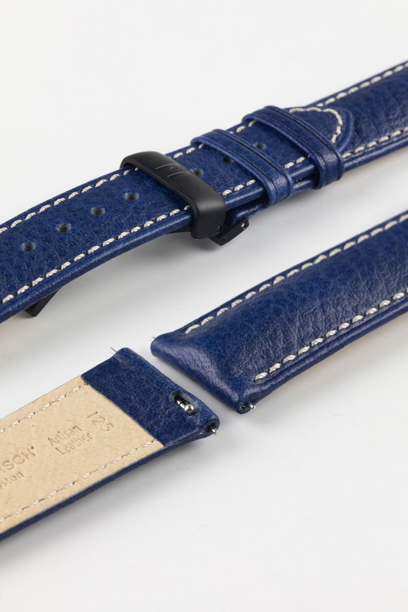 Hirsch Boston Blue watch strap showing the Black Deployment clasp option. High-quality blue leather watch strap.