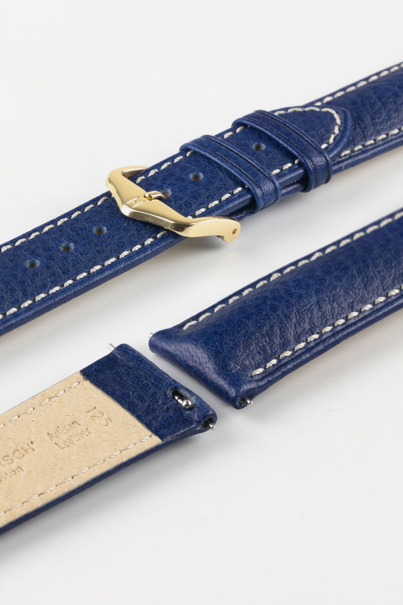 The Hirsch Boston Blue leather watch strap showing the traditional Gold Buckle option. Find the perfect watch strap.