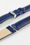 Close-up of the Hirsch Boston Blue watch strap featuring a Silver Deployment clasp upgrade option.