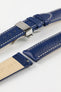Hirsch Boston Blue watch strap with the Silver Push Button Deployment clasp. Textured blue leather strap.