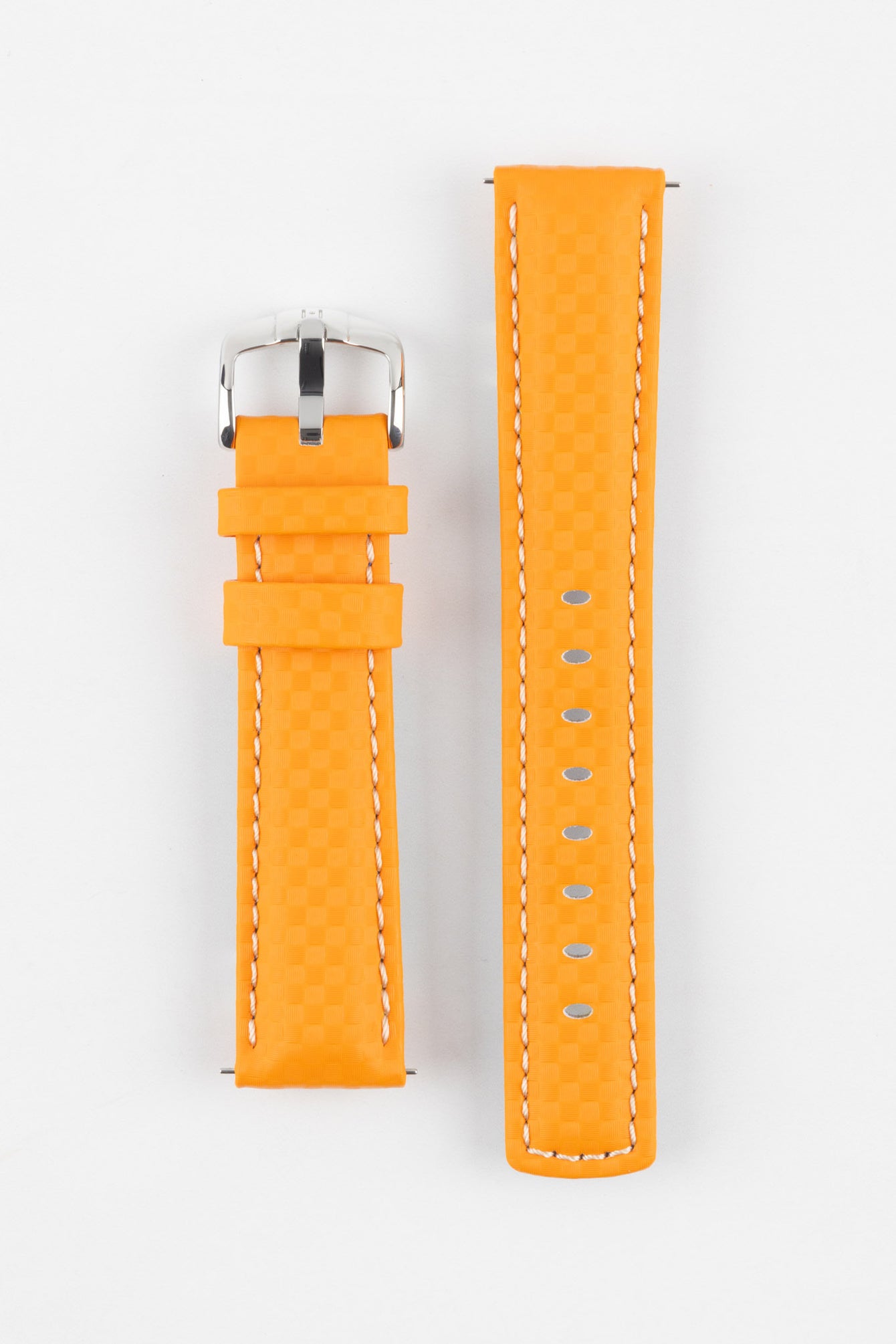 Bright orange watch strap with a textured carbon-pattern finish and silver-tone buckle, displayed in two separate pieces on a white background. Features contrast white stitching and multiple adjustment holes.