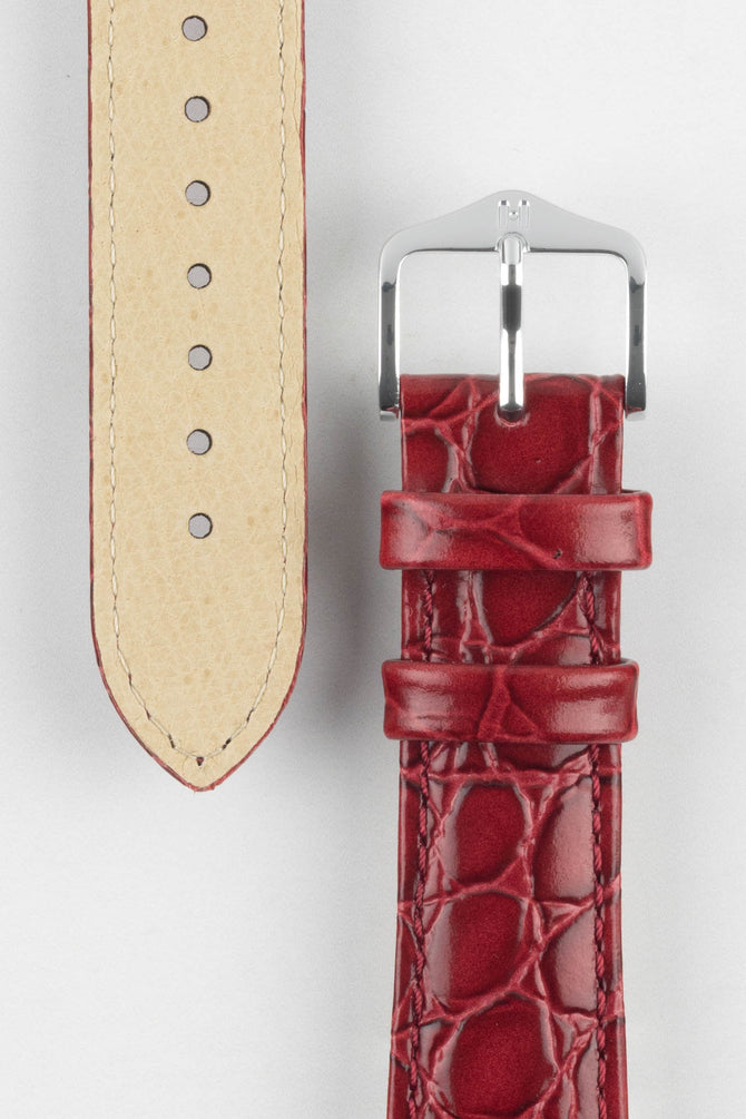 Hirsch CROCOGRAIN NQR Crocodile Embossed Leather Watch Strap in BURGUNDY