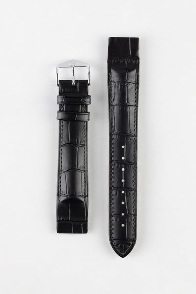 Hirsch DUKE Open Ended Alligator Embossed Leather Watch Strap in BLACK