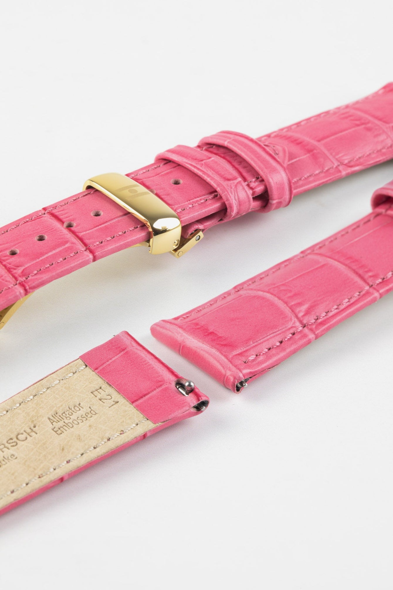 Hirsch DUKE Pink Alligator Embossed Quick-Release Leather Watch Strap 14mm/12mm 110mm/70mm Gold Buckle