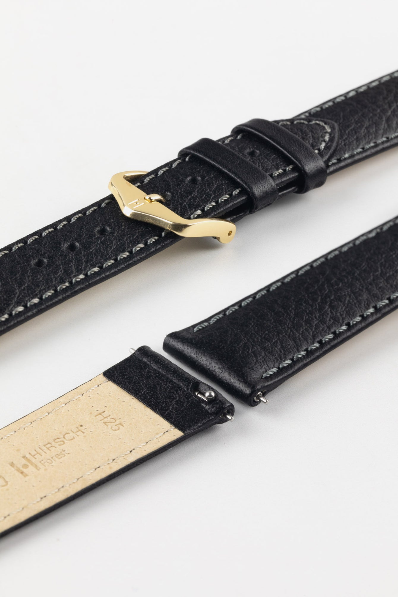 HIRSCH Forest black leather watch strap, quick-release pins, textured grain, white stitching, and a luxurious gold buckle.