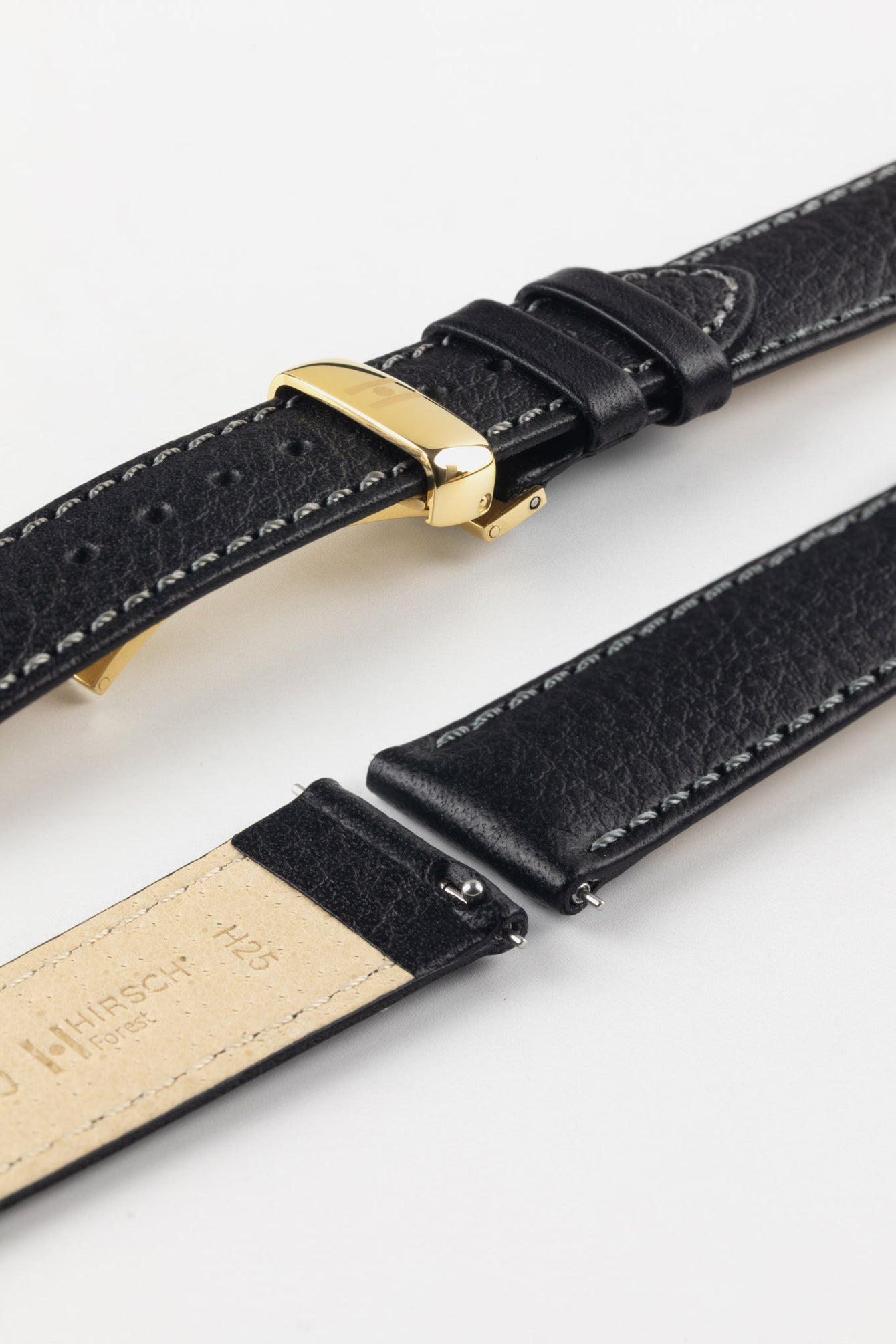 HIRSCH Forest black leather watch strap, quick-release function, visible stitching, and a stylish polished gold buckle.
