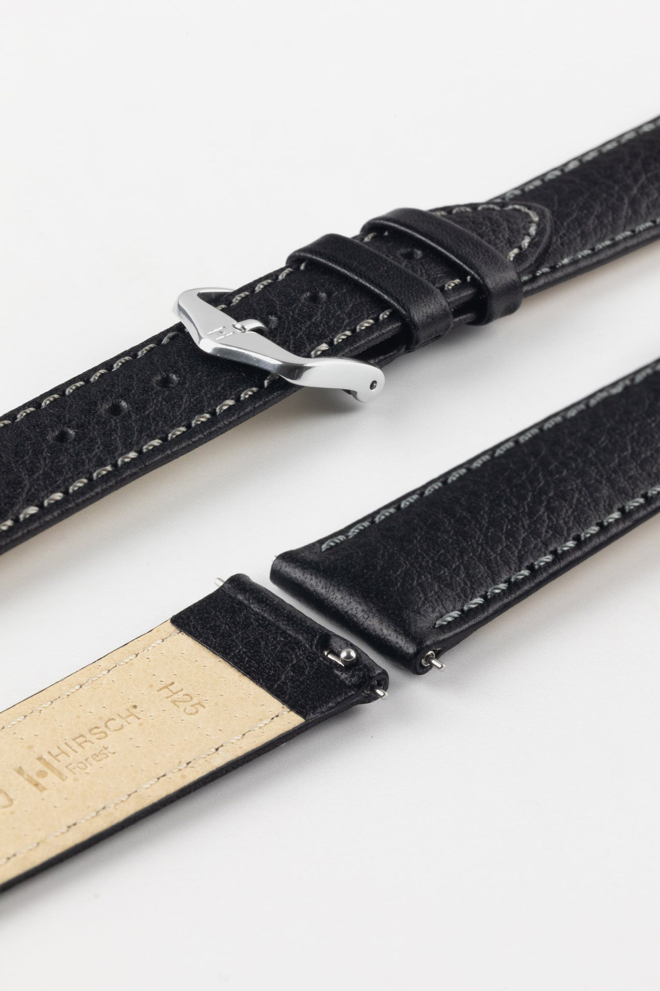 HIRSCH Forest black leather watch strap, quick-release design, textured grain, white stitching, with a sleek silver buckle.