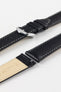 HIRSCH Forest black leather watch strap, quick-release design, textured grain, white stitching, with a sleek silver buckle.