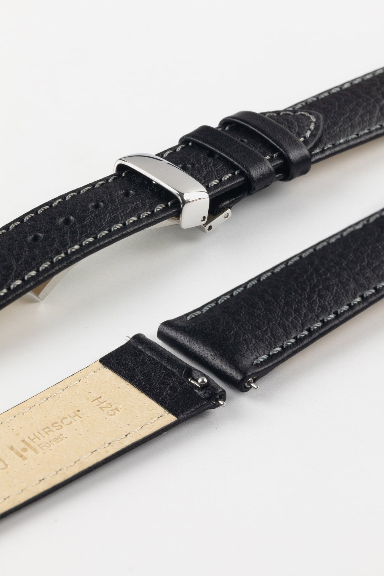HIRSCH Forest black leather watch strap, quick-release function, visible stitching, and a stylish polished steel clasp.