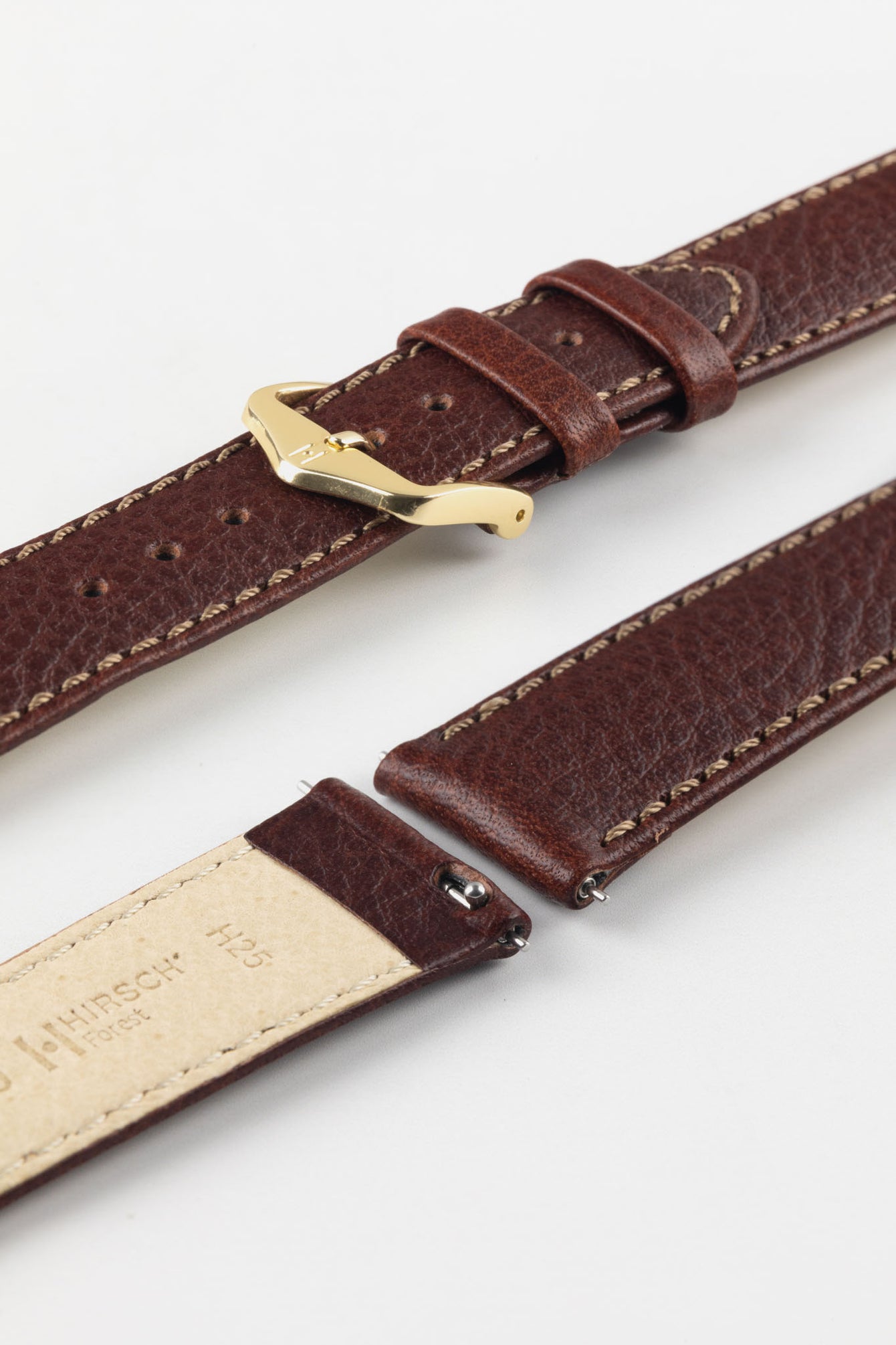 HIRSCH Forest brown quick-release watch strap with a polished gold buckle, showcasing the grained leather finish.