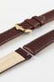 HIRSCH Forest brown quick-release watch strap with a polished gold buckle, showcasing the grained leather finish.