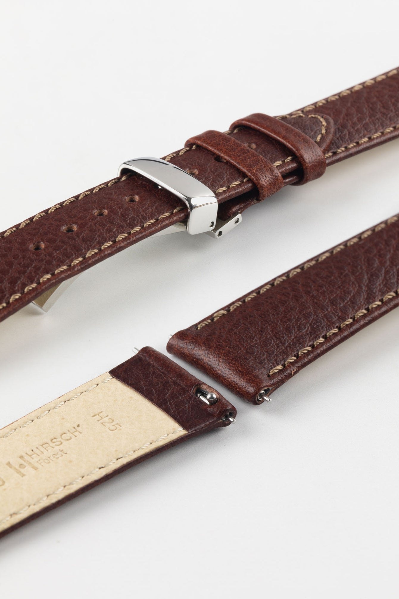 HIRSCH Forest brown quick-release strap detail with a silver deployment clasp for security and convenience.