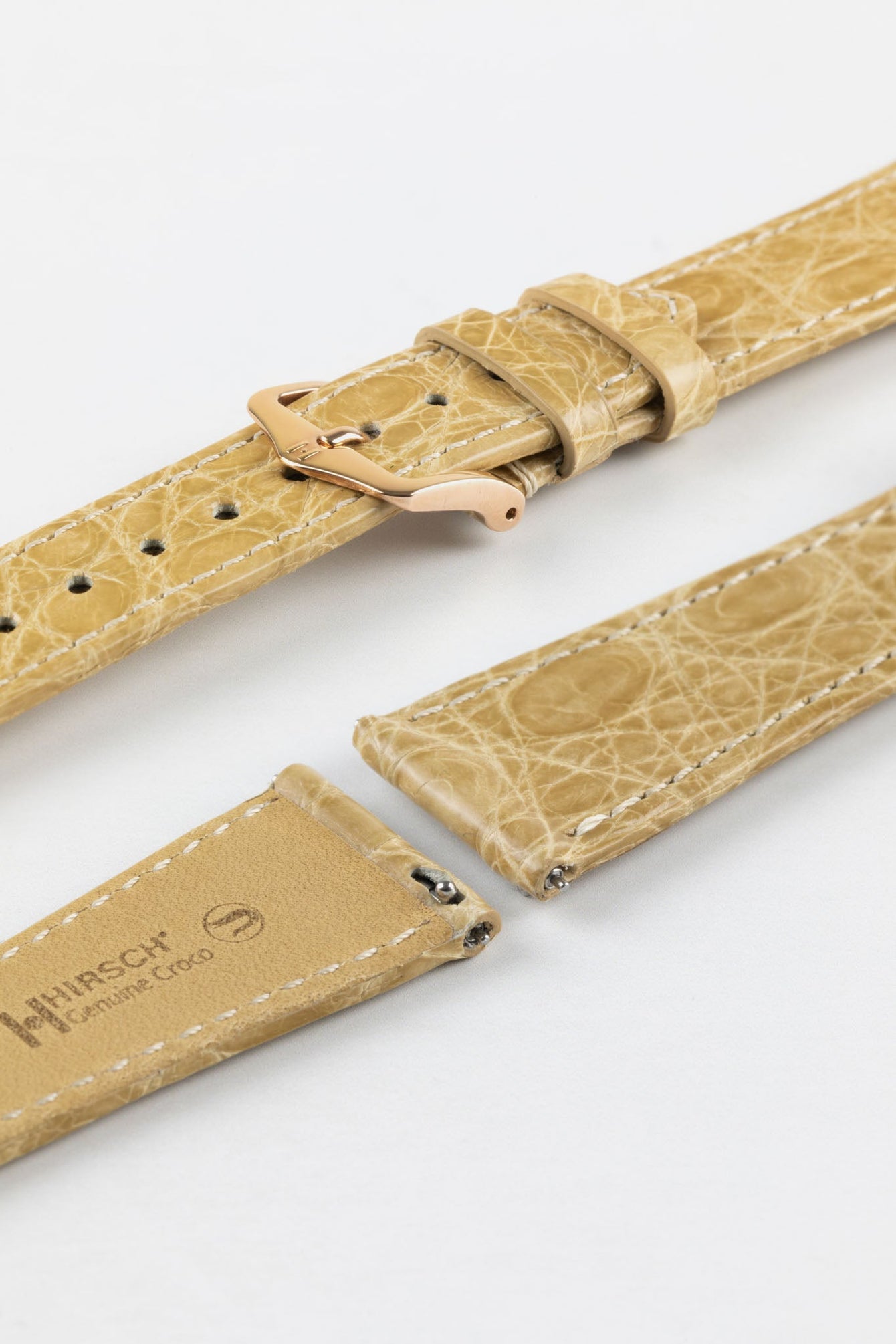 Hirsch GENUINE CROCO Shiny Crocodile Leather Watch Strap in BEIGE