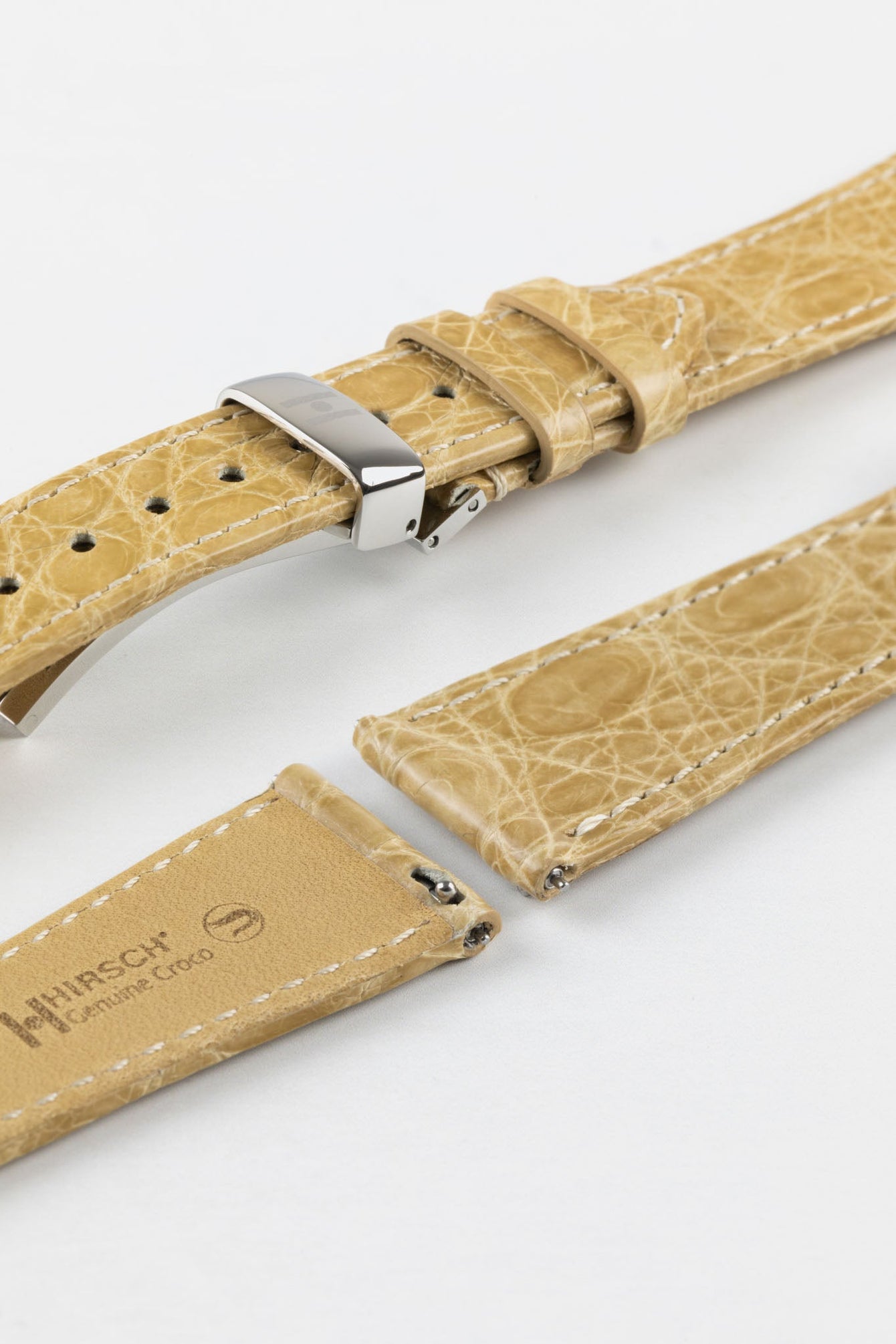 Hirsch GENUINE CROCO Shiny Crocodile Leather Watch Strap in BEIGE