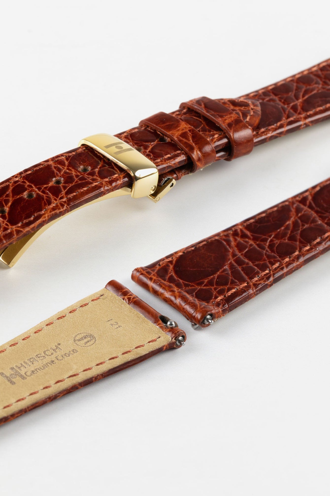 Hirsch GENUINE CROCO Shiny Crocodile Leather Watch Strap in GOLD BROWN 12mm/10mm 110mm/70mm Gold Buckle