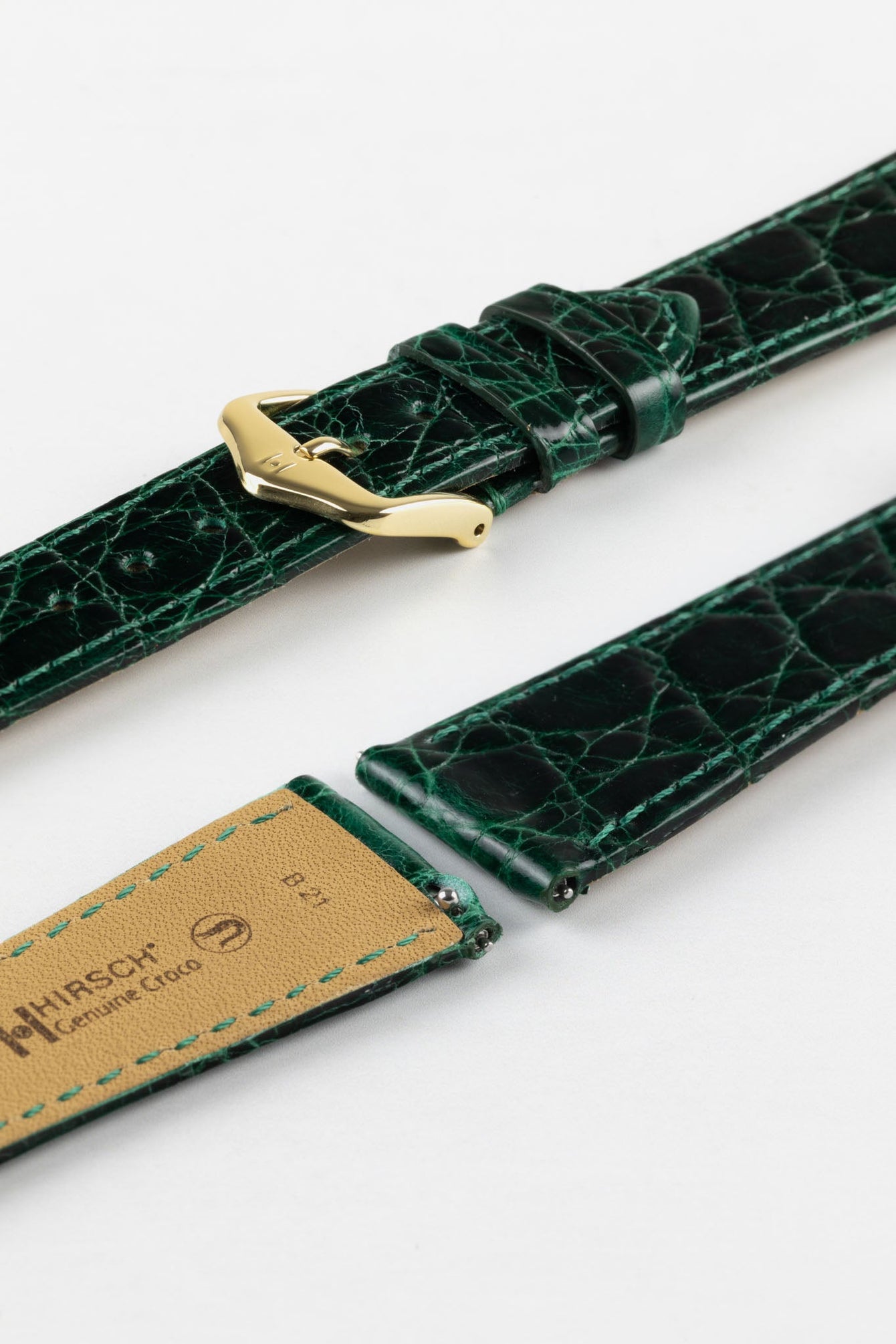 Hirsch GENUINE CROCO Shiny Green Crocodile Leather Watch Strap 12mm/10mm 110mm/70mm Gold Buckle