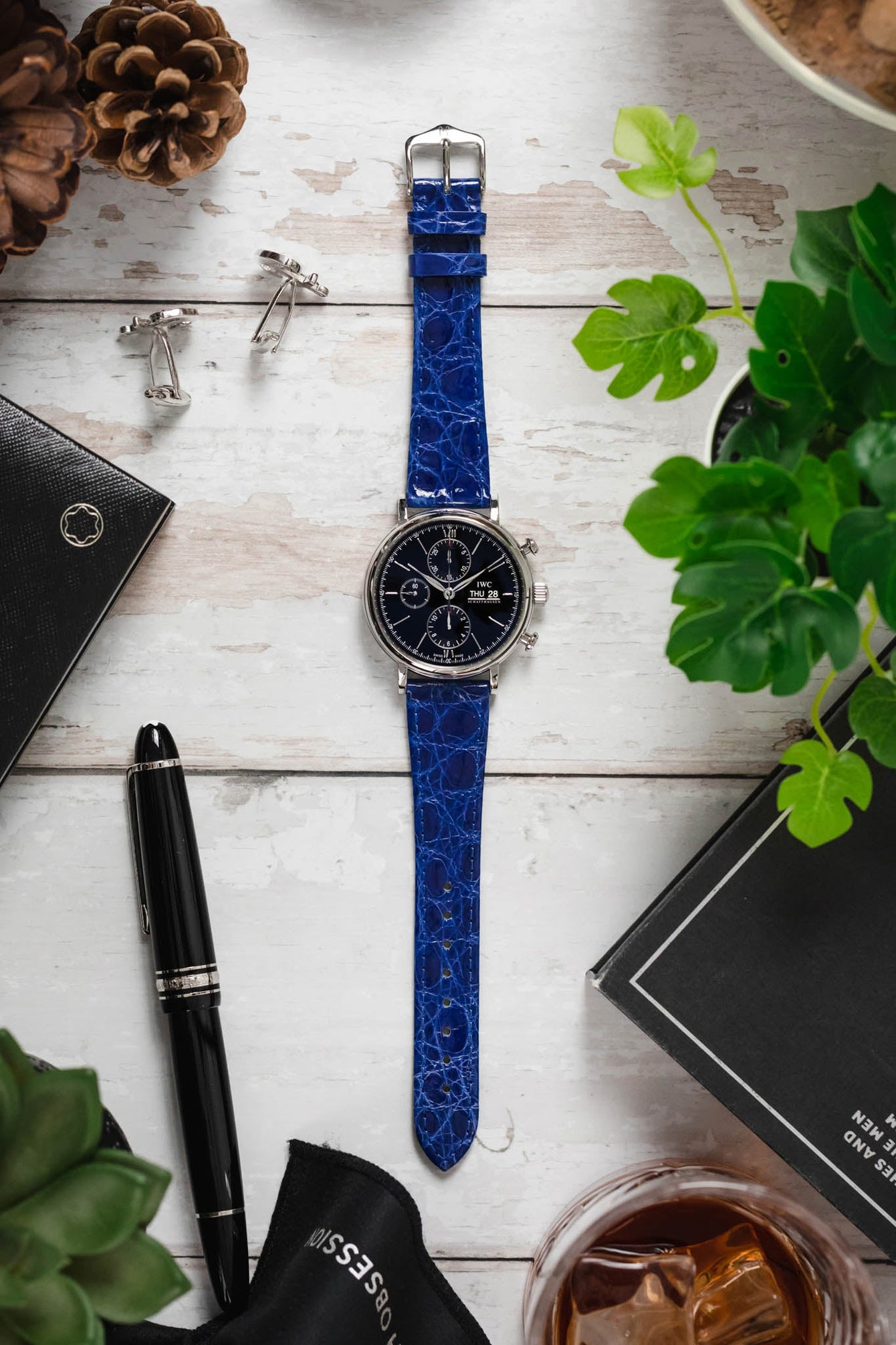 blue crocodile leather watch strap