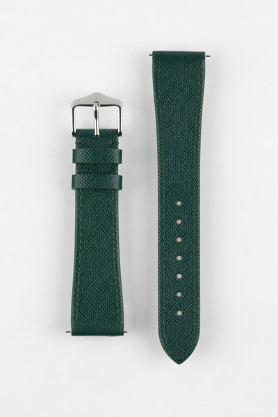 Hirsch Giffone dark green calfskin leather watch strap with a silver buckle and textured Saffiano finish.