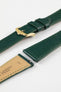 Hirsch Giffone dark green leather strap with a standard gold buckle and quick-release spring bars.