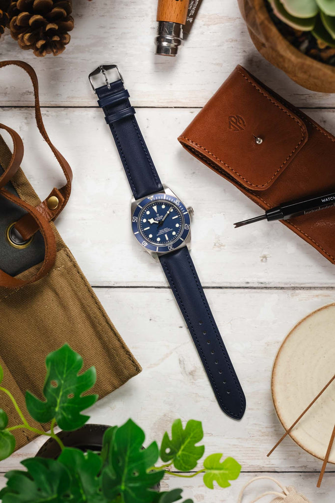 Hirsch KENT Textured Natural Leather Watch Strap in DEEP BLUE