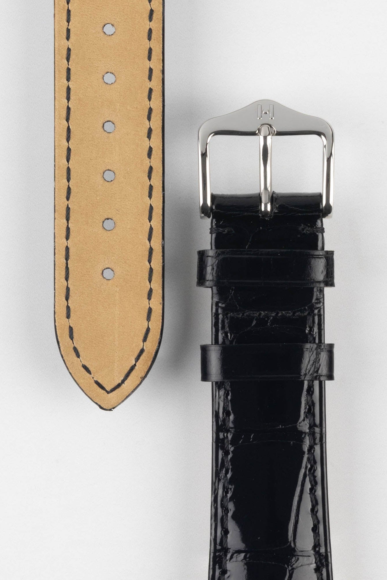 Hirsch LONDON Shiny Alligator Leather Watch Strap in BLACK