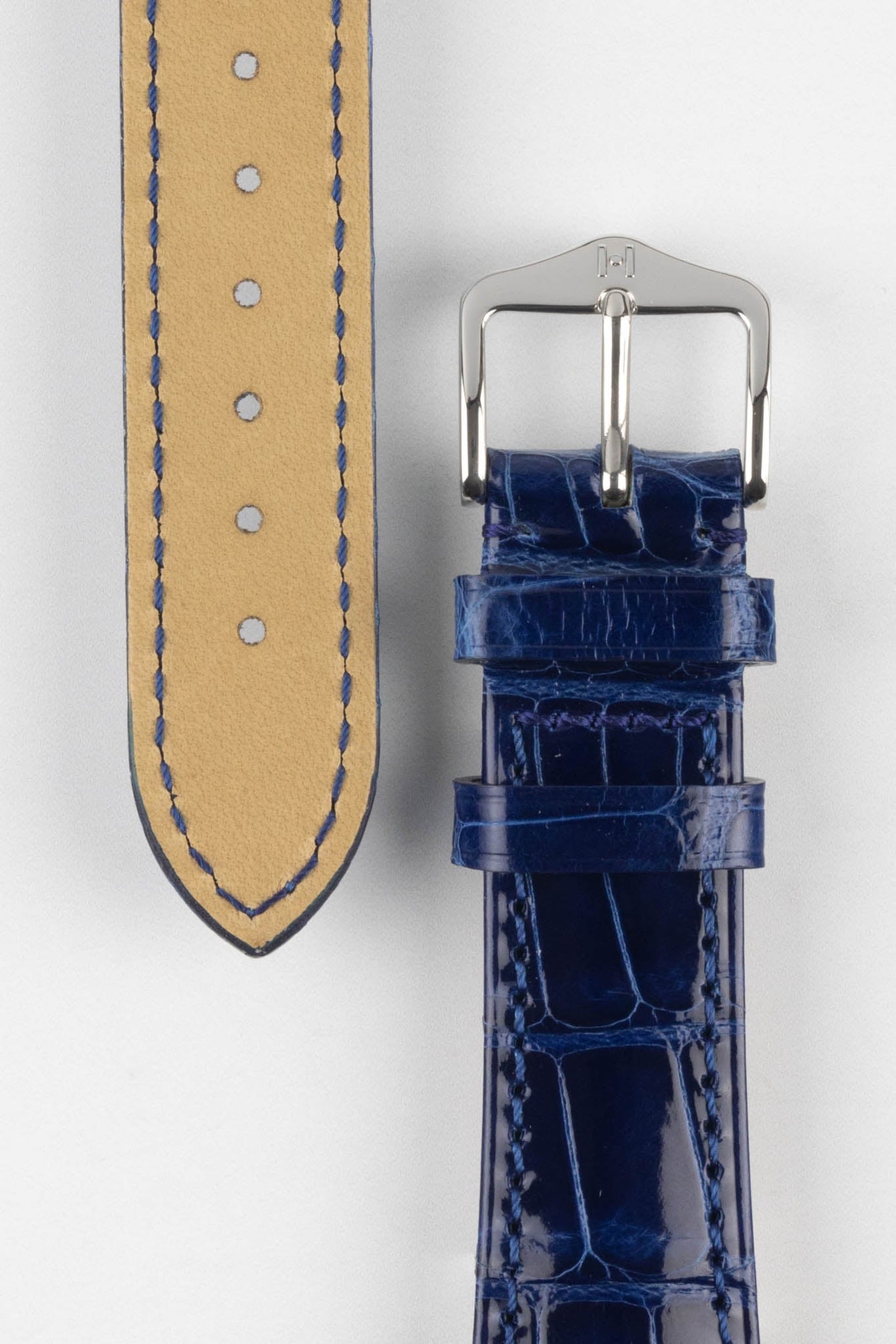Hirsch LONDON Shiny Alligator Leather Watch Strap in BLUE