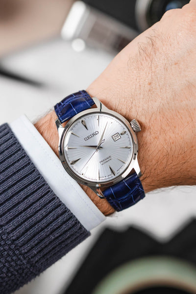 Hirsch LONDON Shiny Alligator Leather Watch Strap in BLUE