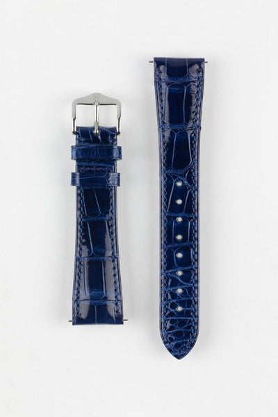 Hirsch LONDON Shiny Alligator Leather Watch Strap in BLUE
