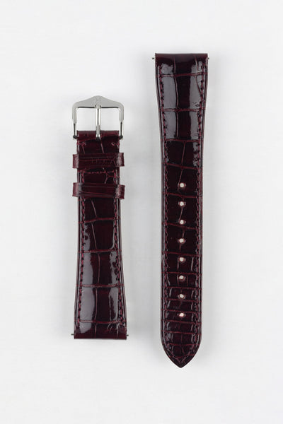 Hirsch LONDON Shiny Alligator Leather Watch Strap in BURGUNDY
