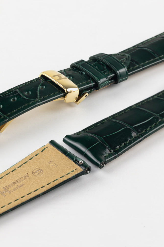 Hirsch LONDON Shiny Alligator Leather Watch Strap in DARK GREEN