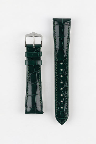 Hirsch LONDON Shiny Alligator Leather Watch Strap in DARK GREEN