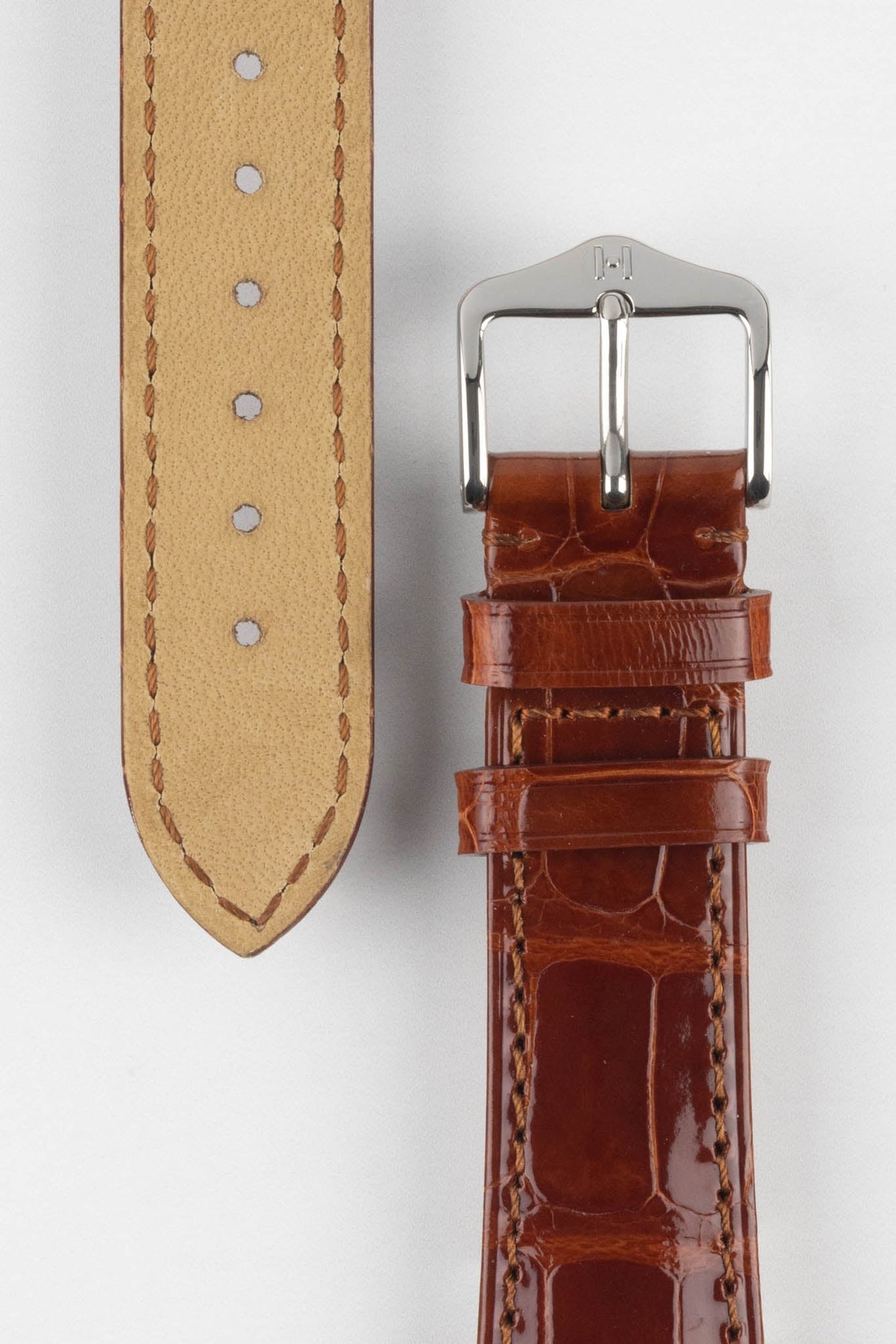 Hirsch LONDON Shiny Alligator Leather Watch Strap in GOLD BROWN