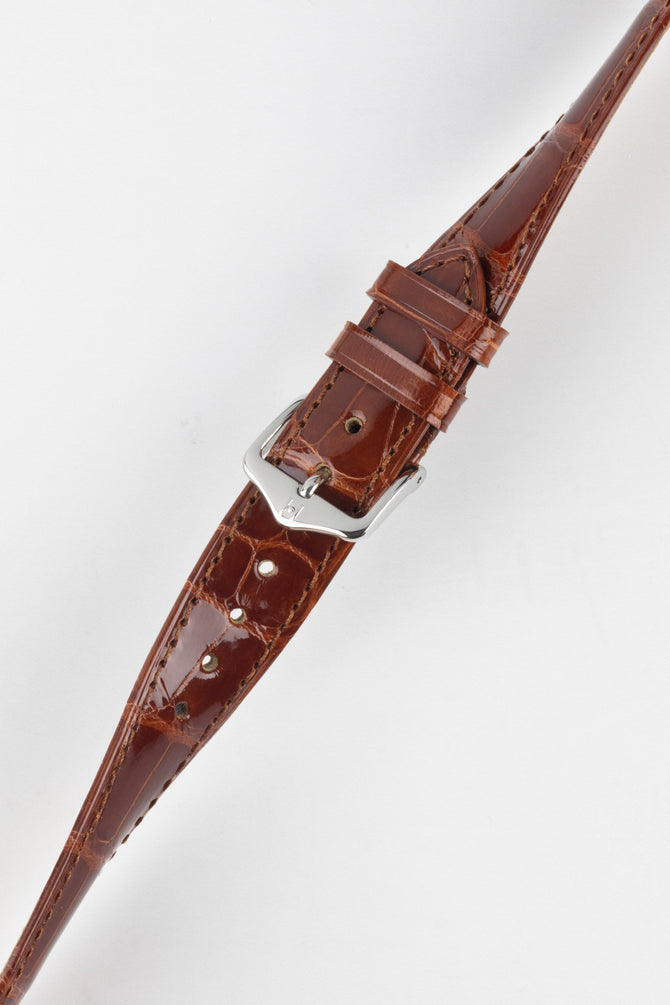 Hirsch LONDON Shiny Alligator Leather Watch Strap in GOLD BROWN