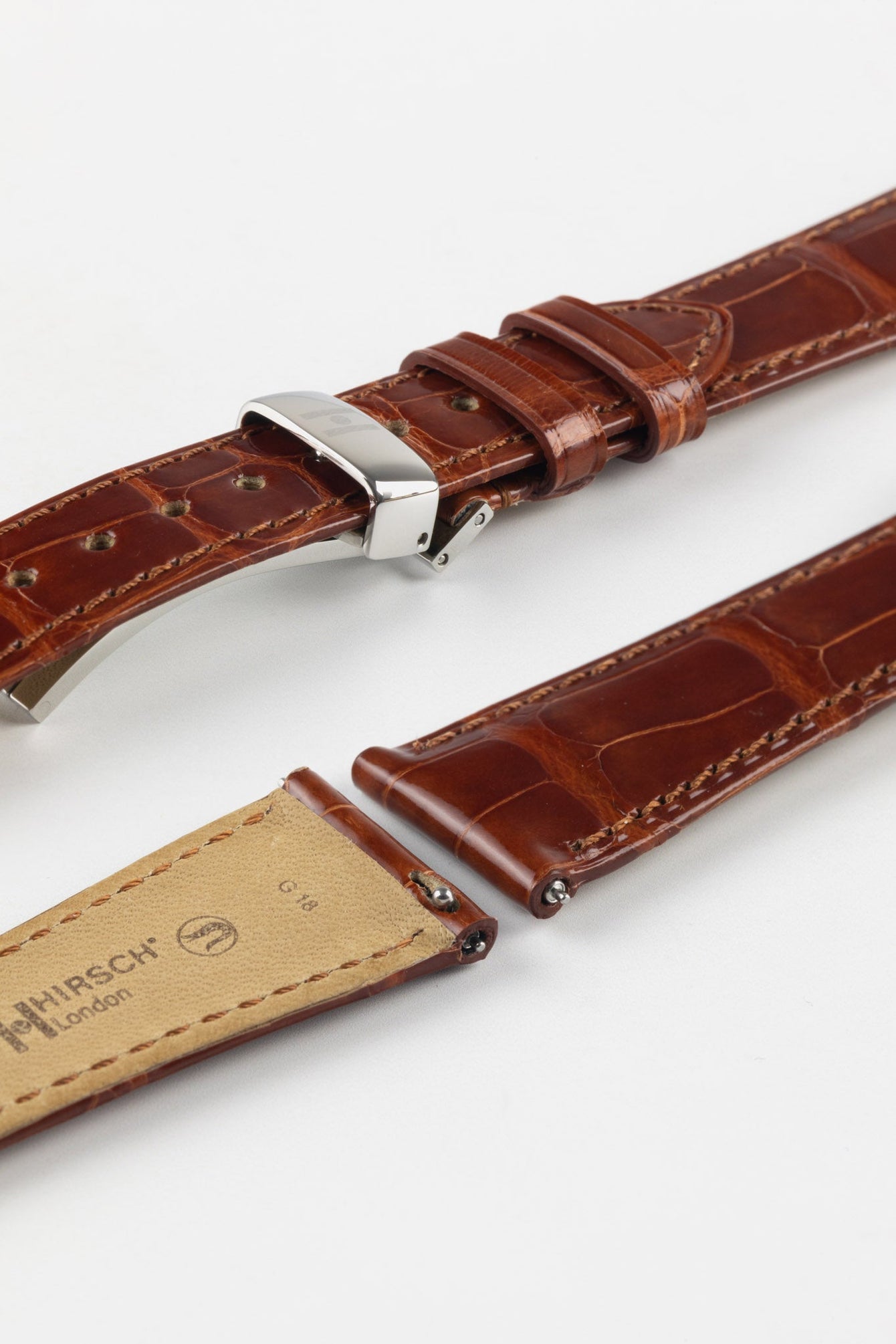 Hirsch LONDON Shiny Alligator Leather Watch Strap in GOLD BROWN