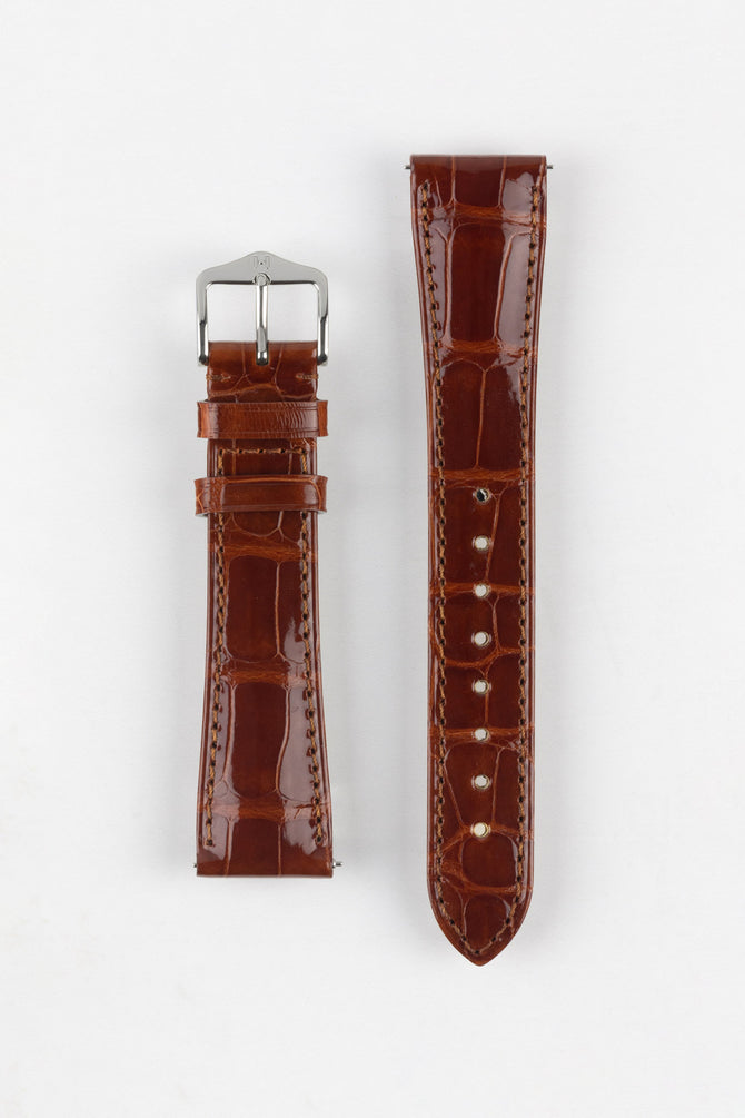 Hirsch LONDON Shiny Alligator Leather Watch Strap in GOLD BROWN