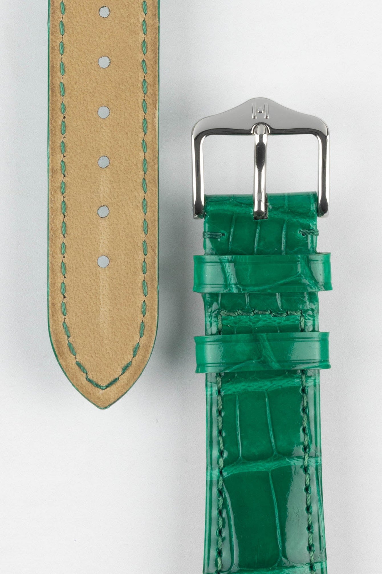 Hirsch LONDON Shiny Alligator Leather Watch Strap in GREEN