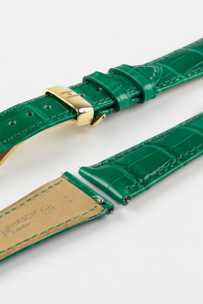 Hirsch LONDON Shiny Alligator Leather Watch Strap in GREEN