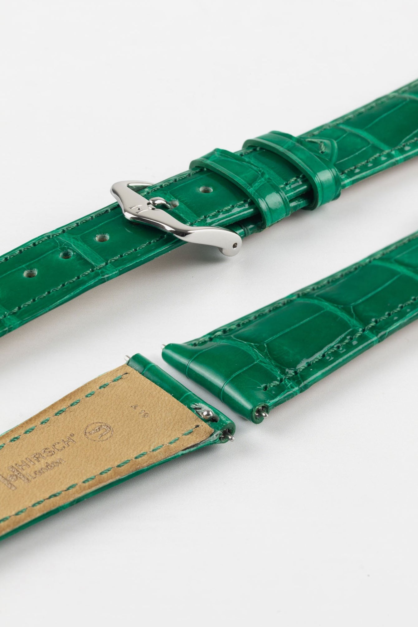 Hirsch LONDON Shiny Alligator Leather Watch Strap in GREEN
