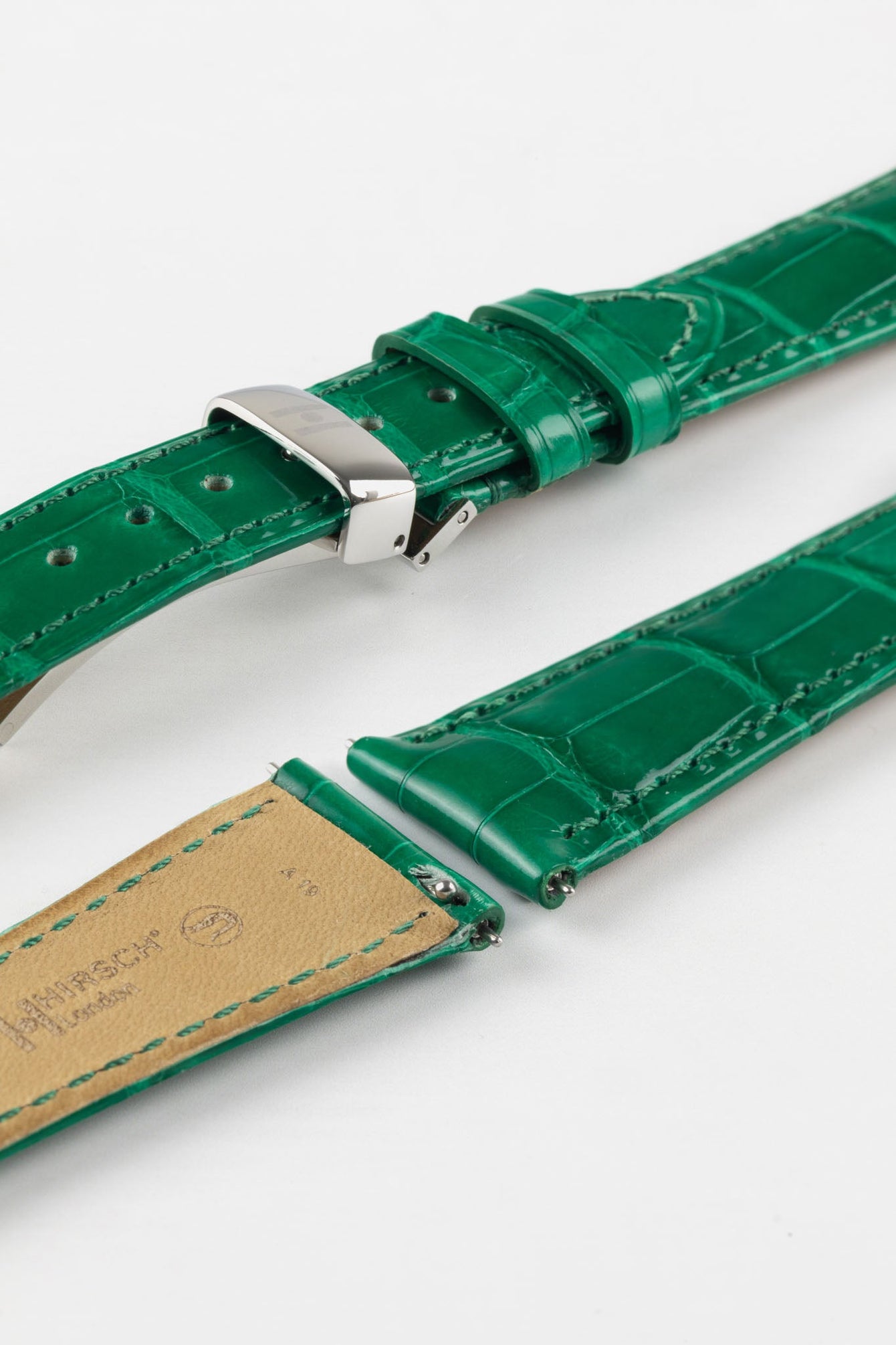Hirsch LONDON Shiny Alligator Leather Watch Strap in GREEN
