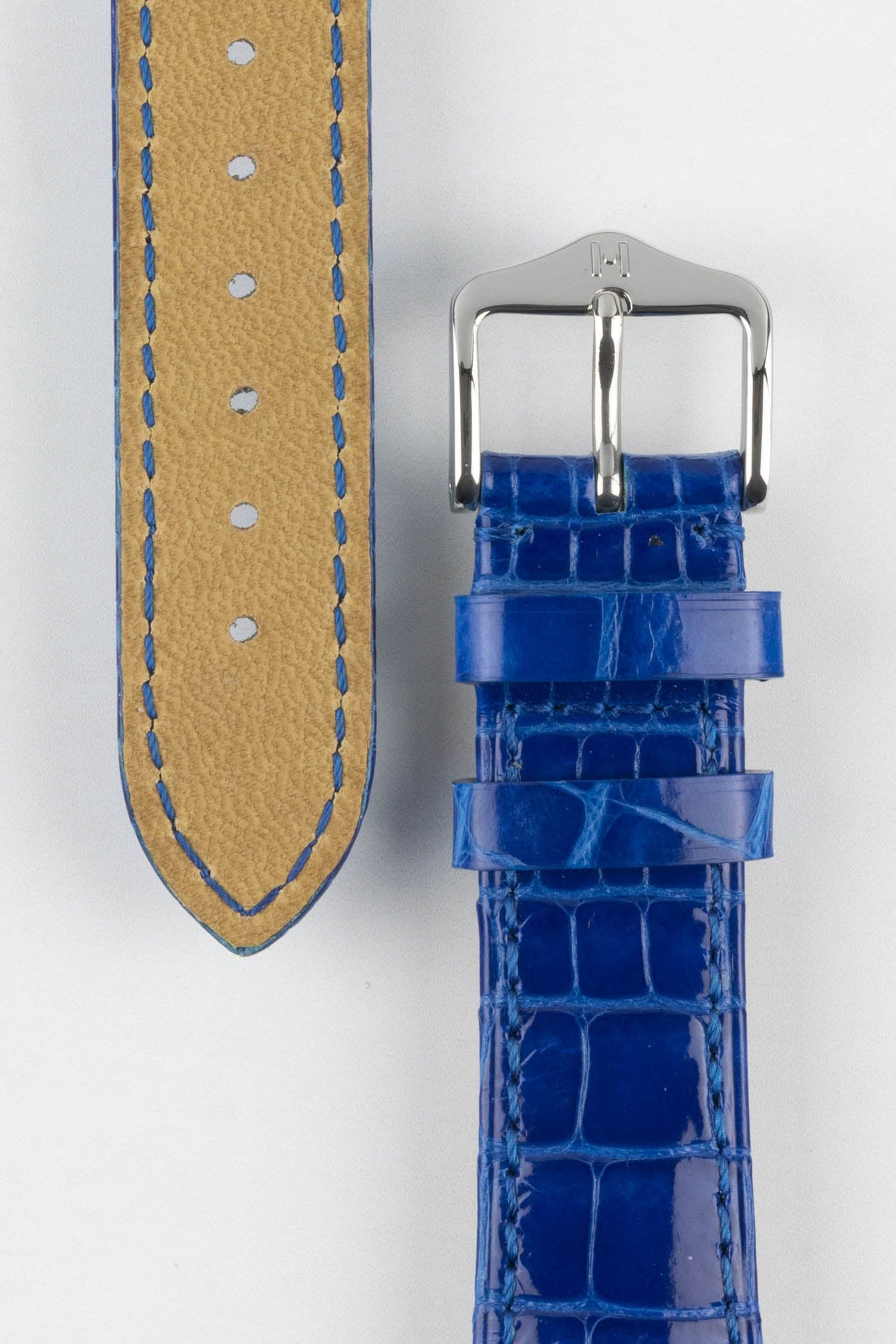 Hirsch LONDON Shiny Alligator Leather Watch Strap in ROYAL BLUE