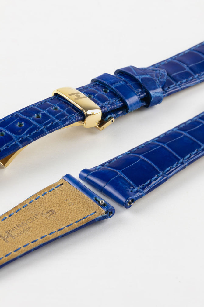 Hirsch LONDON Shiny Alligator Leather Watch Strap in ROYAL BLUE