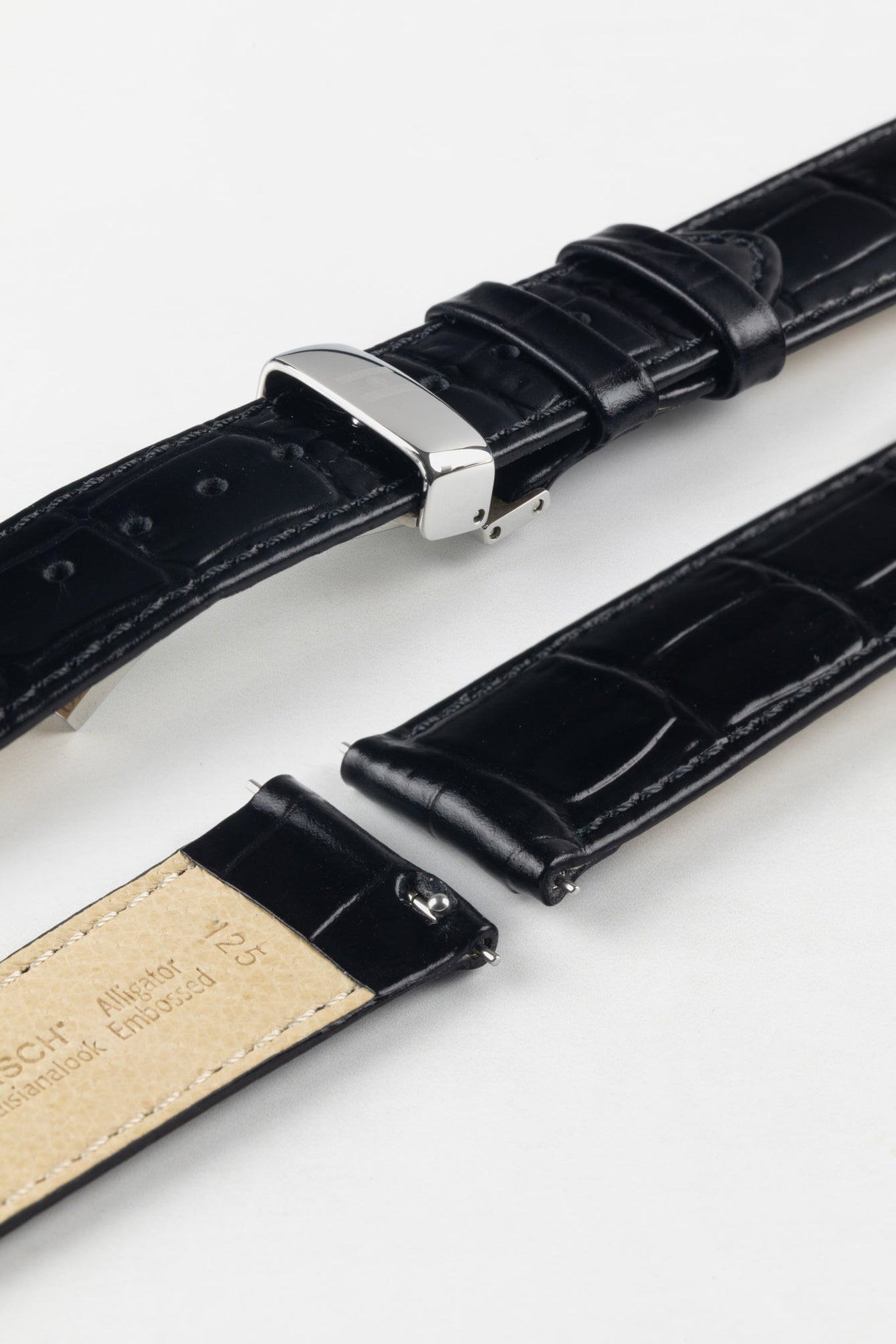 Hirsch LOUISIANALOOK Alligator Embossed Leather Watch Strap in BLACK